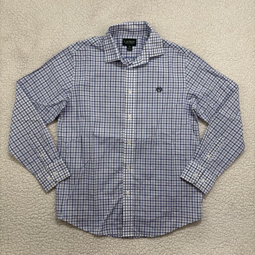 RALPH LAUREN Boys Blue Plaid Long Sleeve Button Down Shirt Large Size 16 Crest